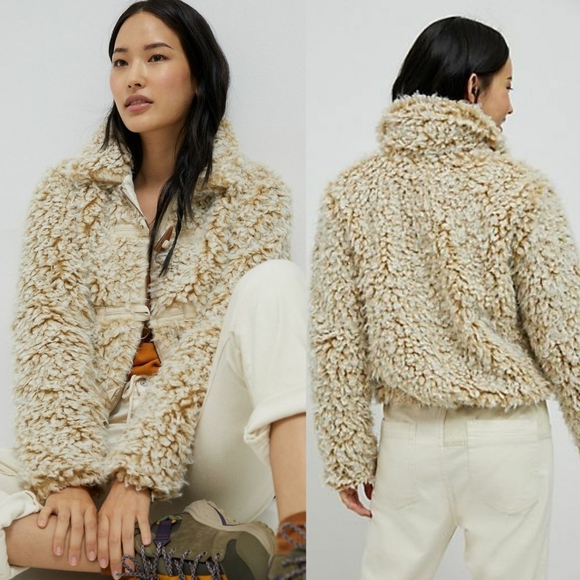 Anthropologie Size XLP Brenna Faux Shearling Beige Fluffy‎ Zip Front Coat